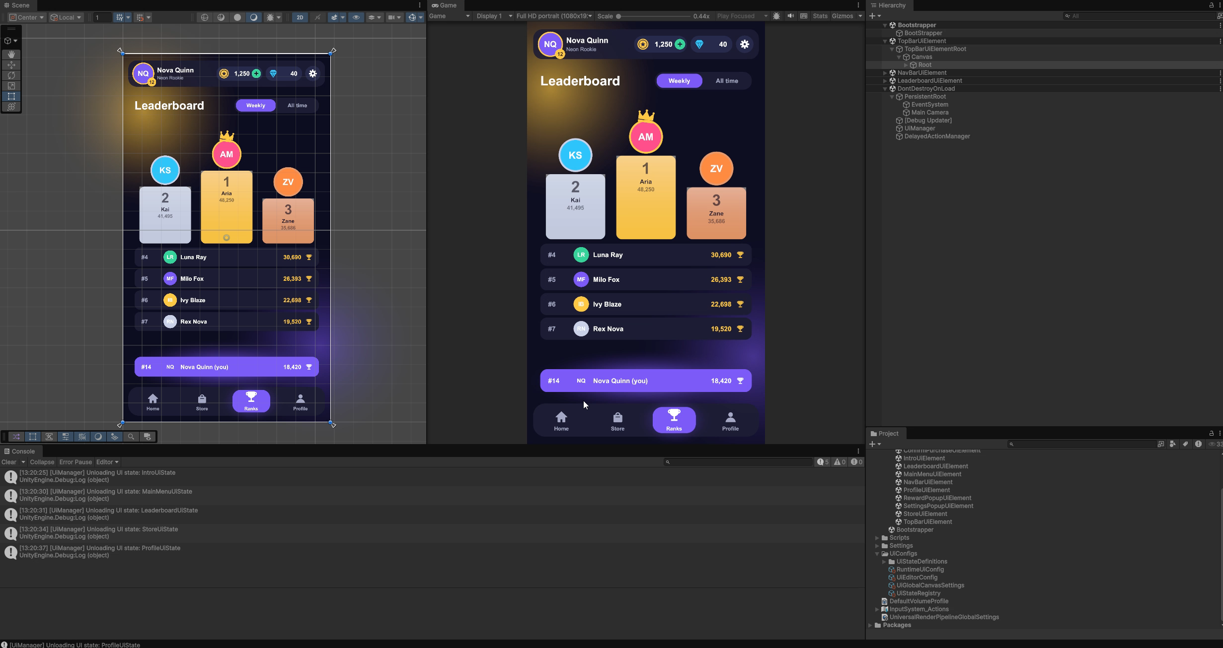 The Unity editor in Play mode: the Hierarchy lists the UI element scenes loaded additively, the Game view shows the showcase app, and the UI Setup Manager is docked on the right