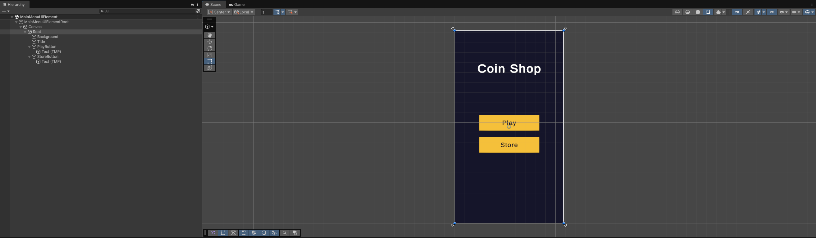Unity Hierarchy showing an element scene with Root, Canvas and content