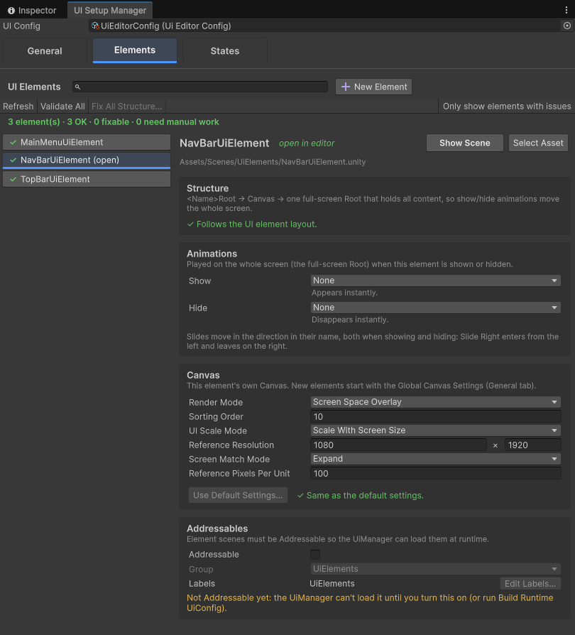 UI Setup Manager, Elements tab with the element list and the selected element's settings