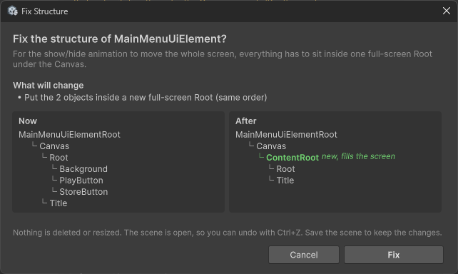 Confirmation popup for a structure fix, with the Now / After hierarchy preview