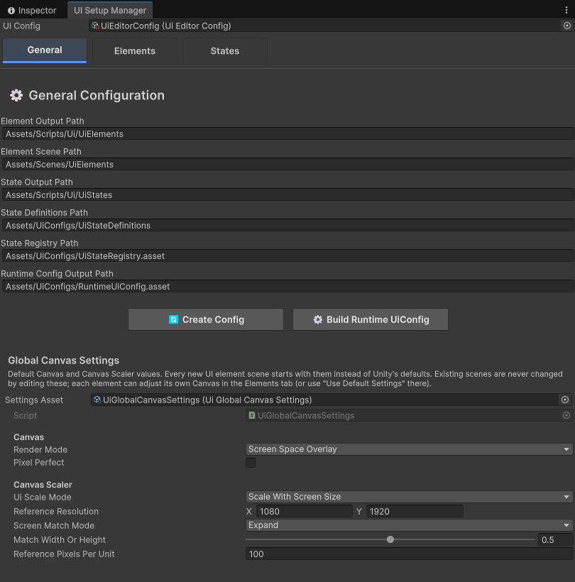 UI Setup Manager, General tab with the config paths and Global Canvas Settings