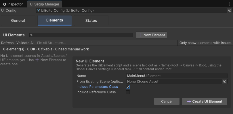 The New UI Element form in the Elements tab