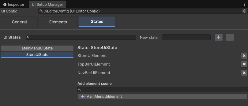 UI Setup Manager, States tab with a state and its element scenes