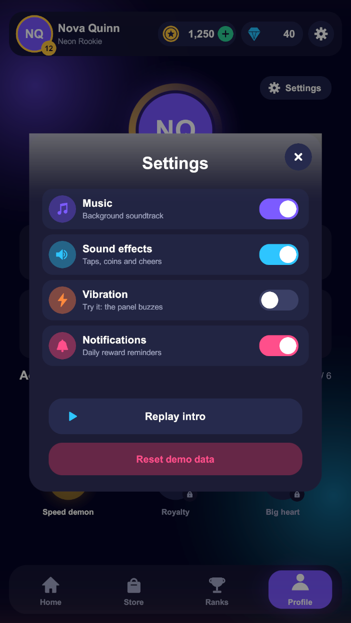 Settings popup